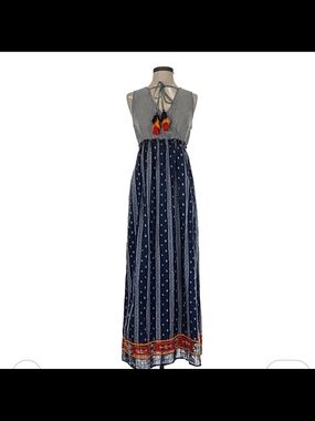 THML Navy and Gray Maxi Dress with Tassel Accent